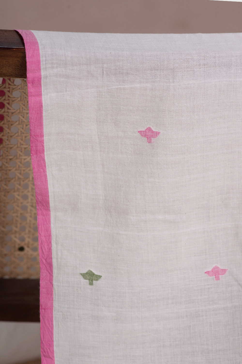 Pink & Green Buttas on Cream Jamdani Cotton Fabric