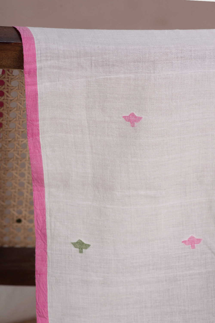 Pink & Green Buttas on Cream Jamdani Cotton Fabric