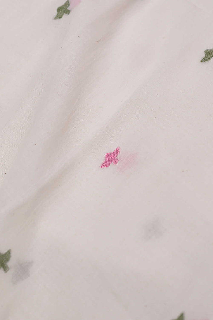 Pink & Green Buttas on Cream Jamdani Cotton Fabric
