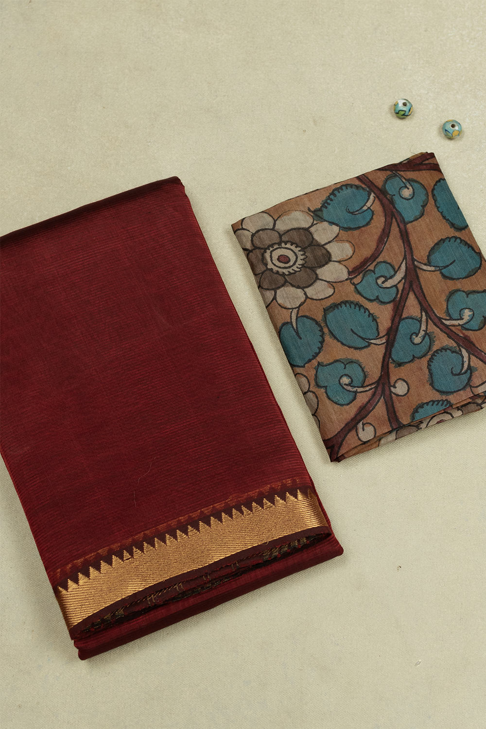 Maroon Mangalagiri Silk Cotton Saree with Kalamkari Blouse
