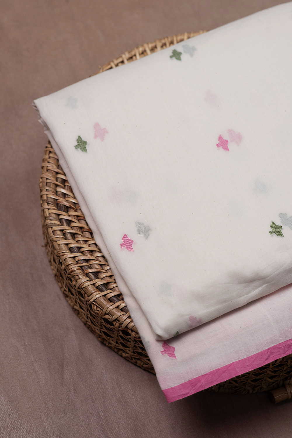 Pink & Green Buttas on Cream Jamdani Cotton Fabric