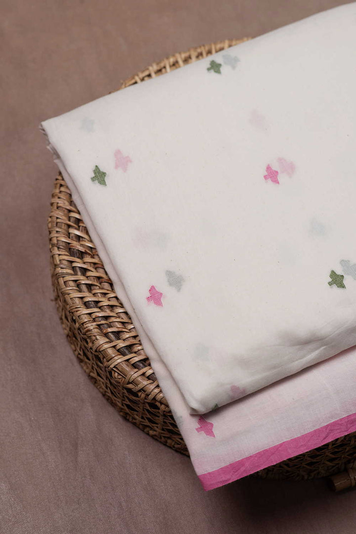 Pink & Green Buttas on Cream Jamdani Cotton Fabric