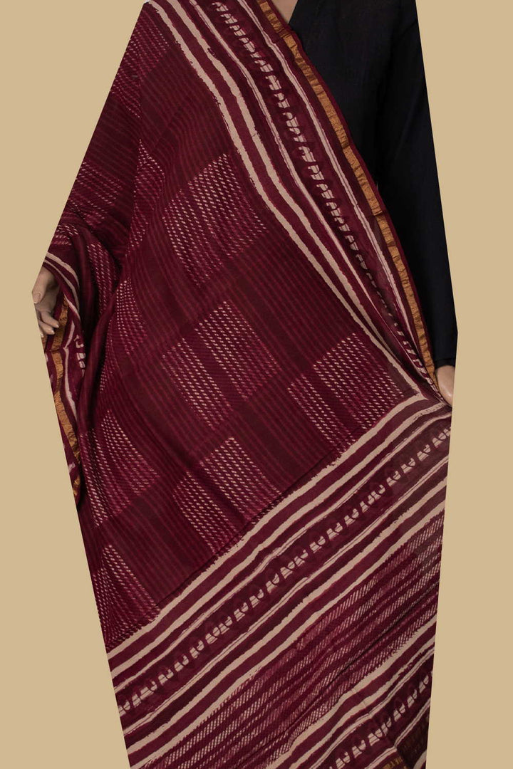 Sangria Maroon Block Printed Chanderi Dupatta