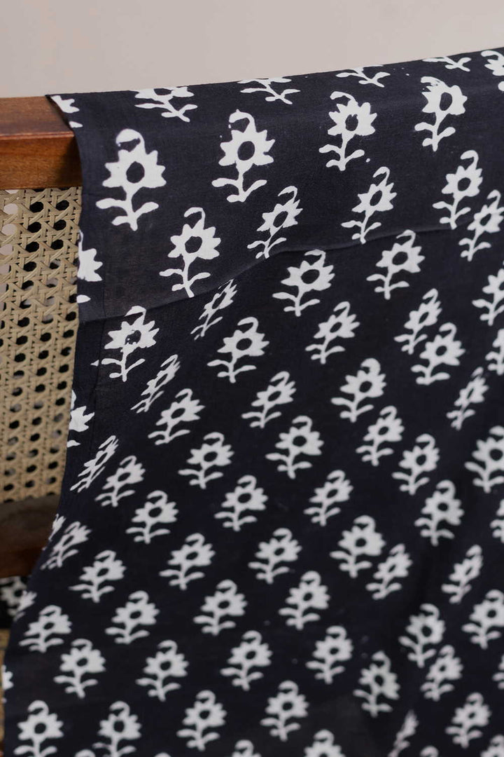 Cream Florets on Black Bagru Cotton Fabric
