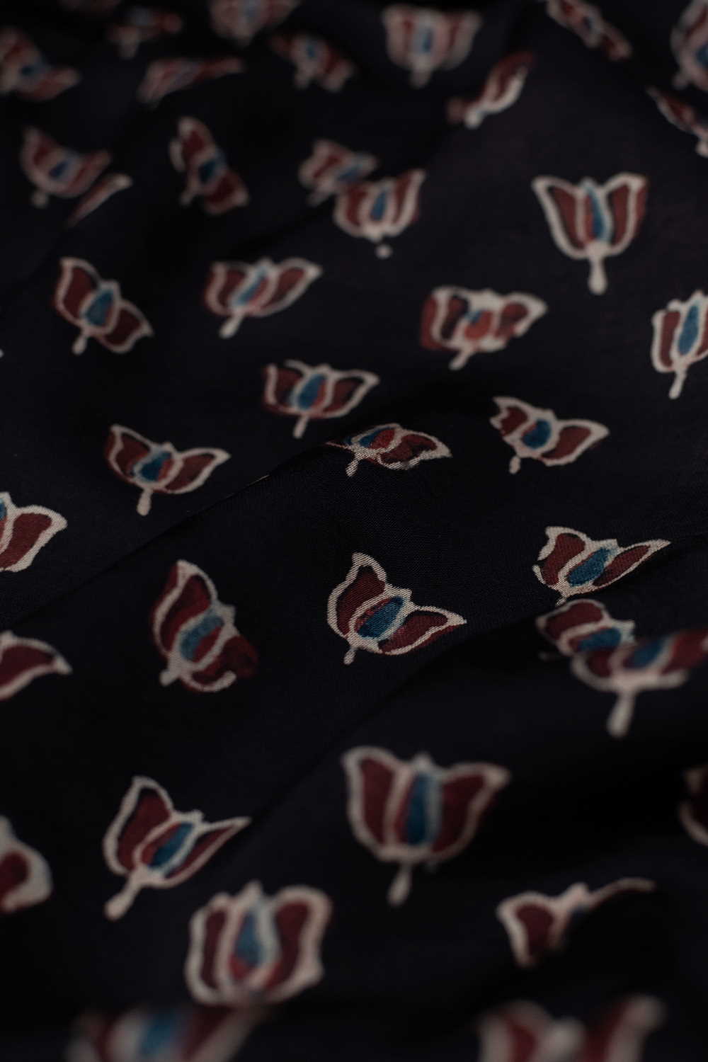Lotus on Black Ajrak Modal Silk Fabric