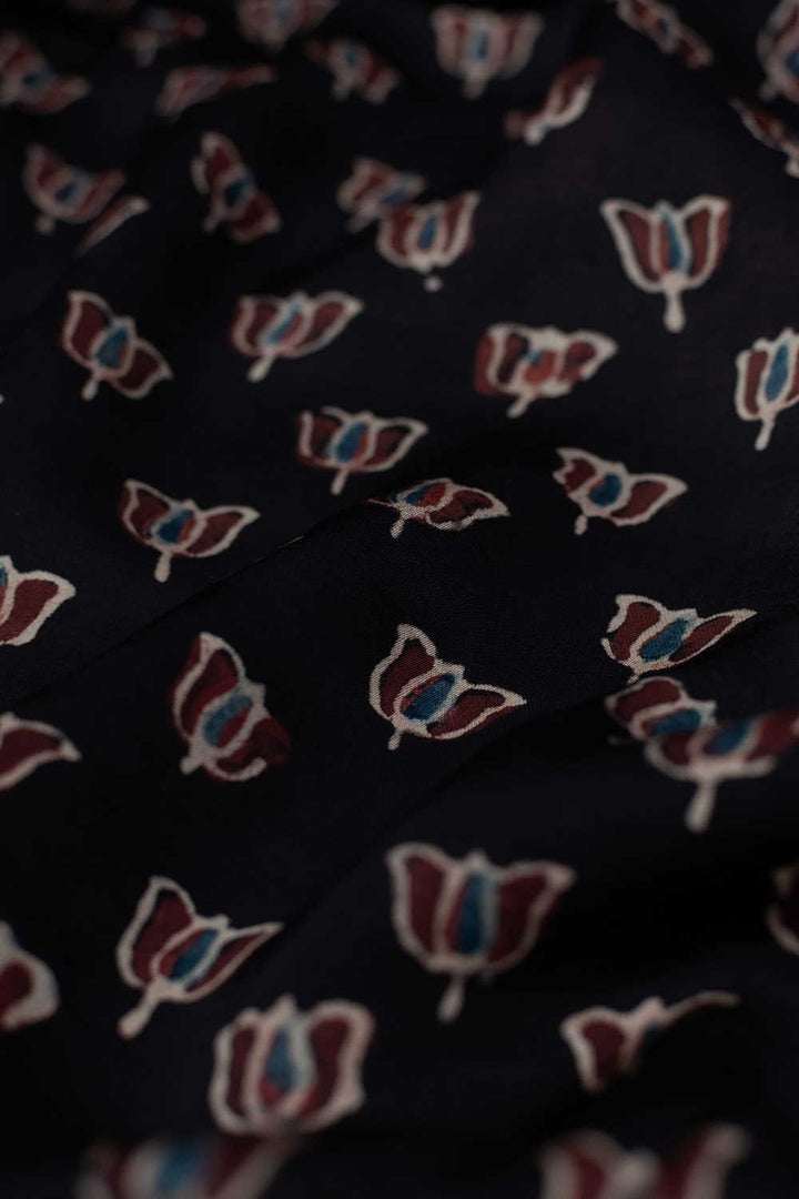 Lotus on Black Ajrak Modal Silk Fabric