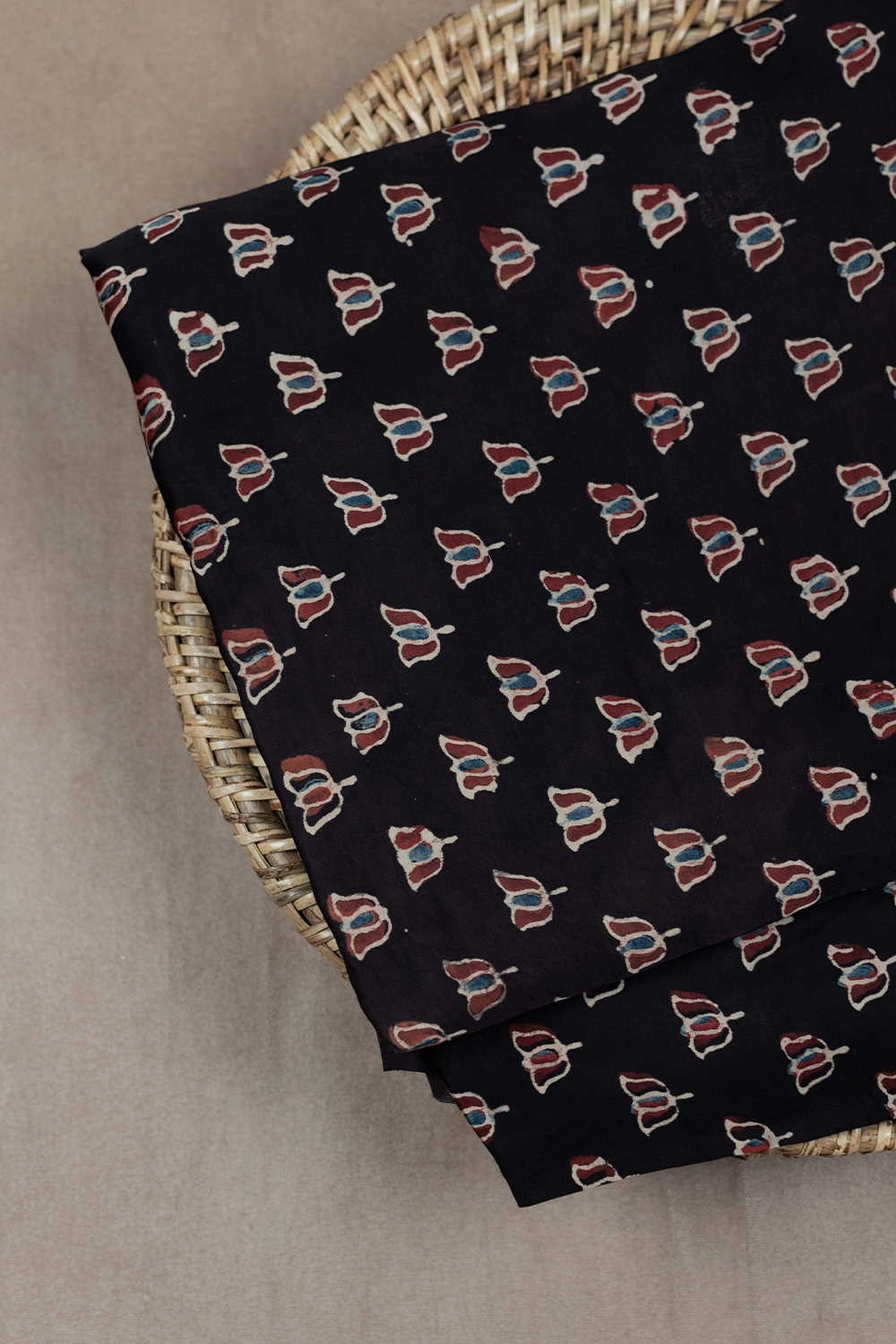 Lotus on Black Ajrak Modal Silk Fabric