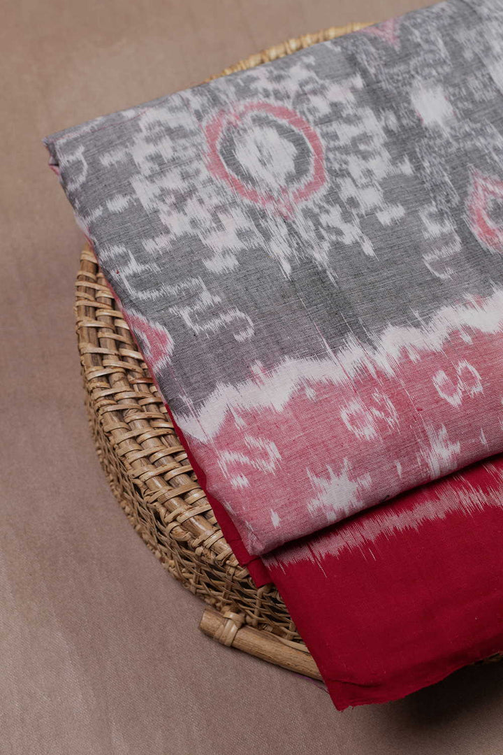 Grey with Pink Pattern Orissa Ikat Cotton Fabric