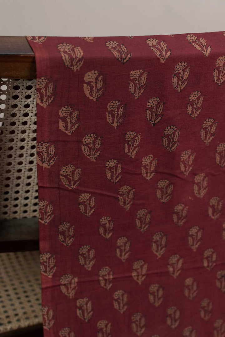 Yellow Florets on Deep Maroon Bagh Cotton Fabric