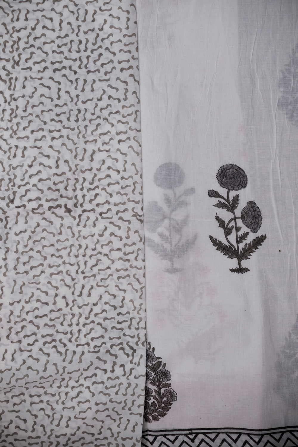 Grey Butta on Cream Block Printed Mul Cotton saree