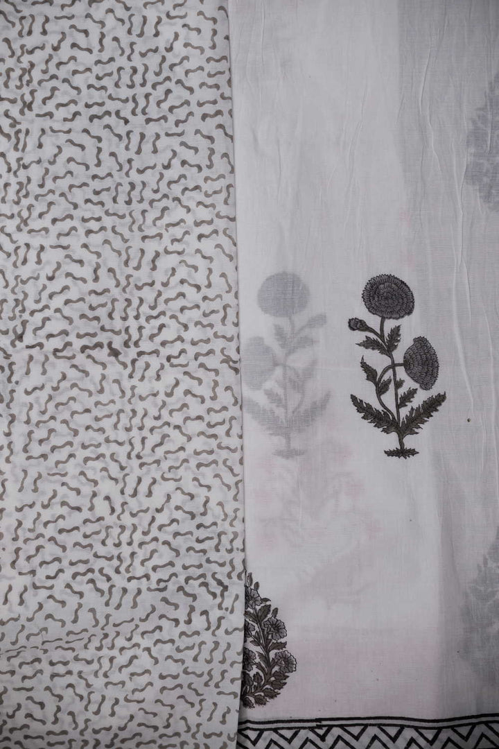 Grey Butta on Cream Block Printed Mul Cotton saree