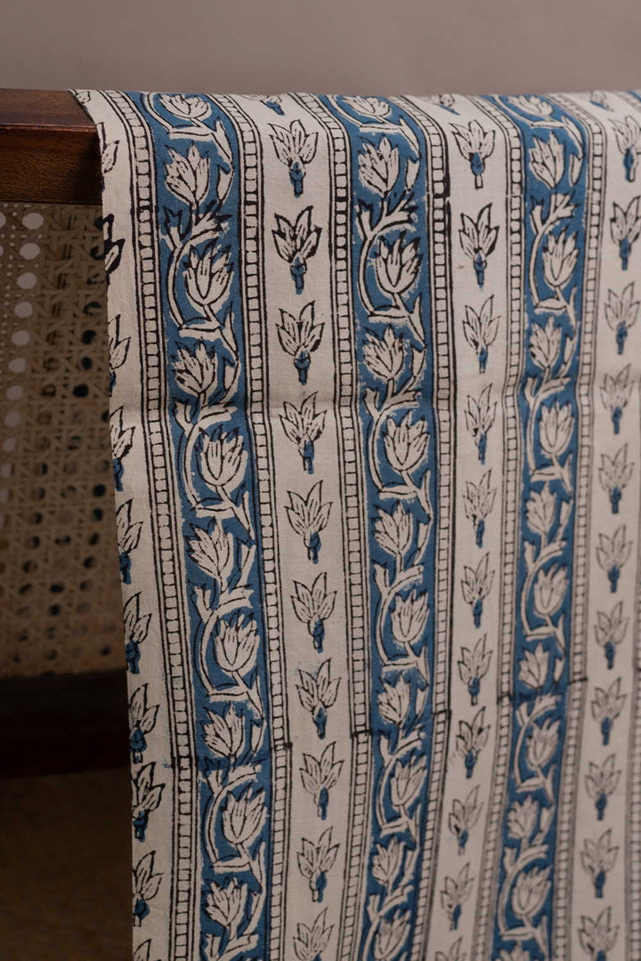 Blue with Cream Floral Design Bagru Cotton Fabric