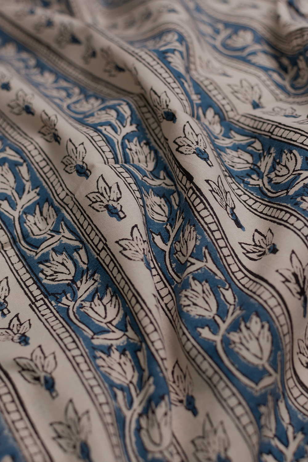 Blue with Cream Floral Design Bagru Cotton Fabric