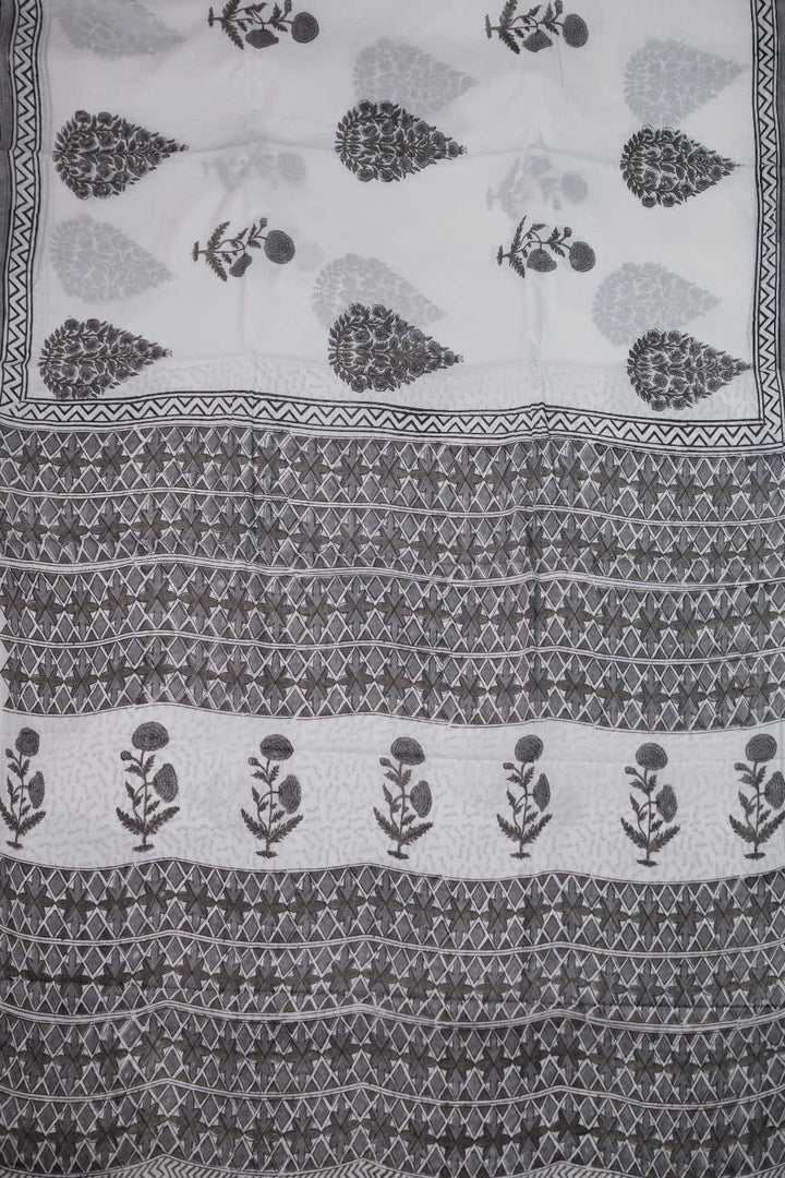 Grey Butta on Cream Block Printed Mul Cotton saree