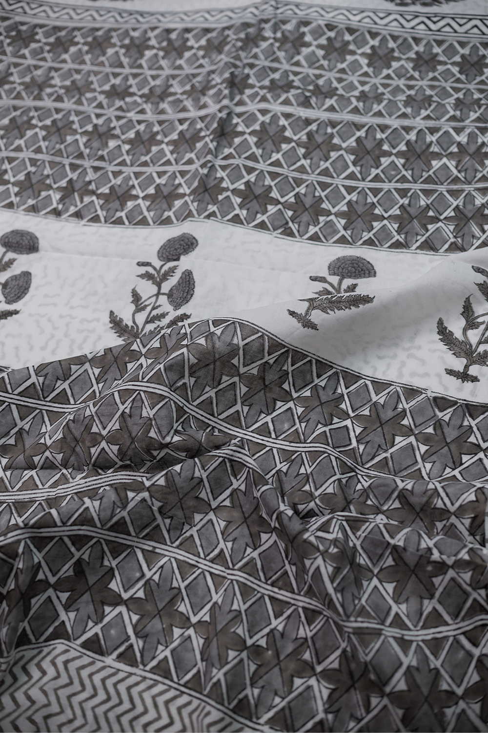 Grey Butta on Cream Block Printed Mul Cotton saree