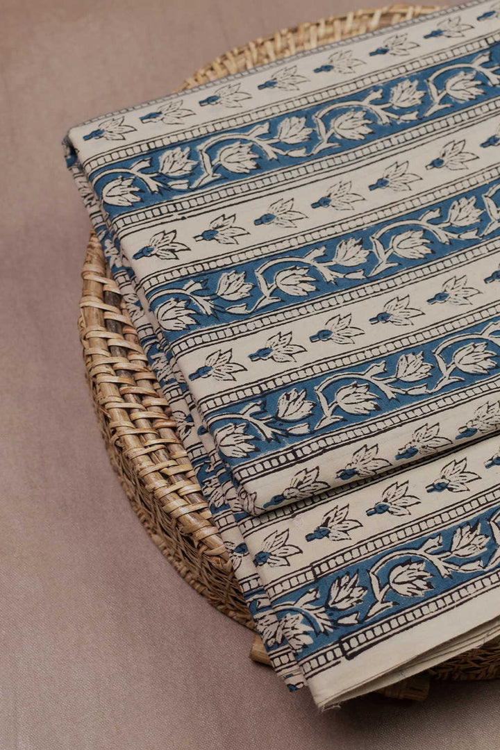 Blue with Cream Floral Design Bagru Cotton Fabric