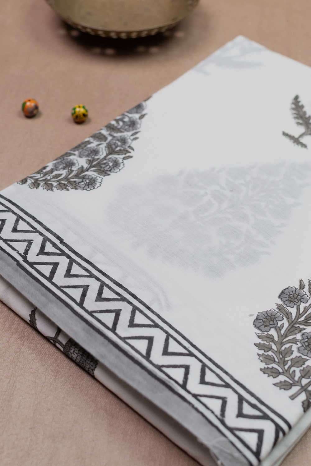 Grey Butta on Cream Block Printed Mul Cotton saree