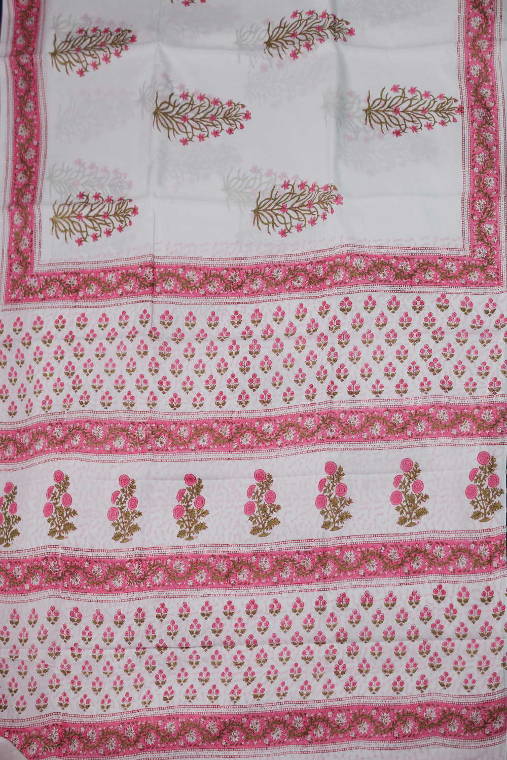 Cream with Pink Border Block Printed Mul Cotton saree