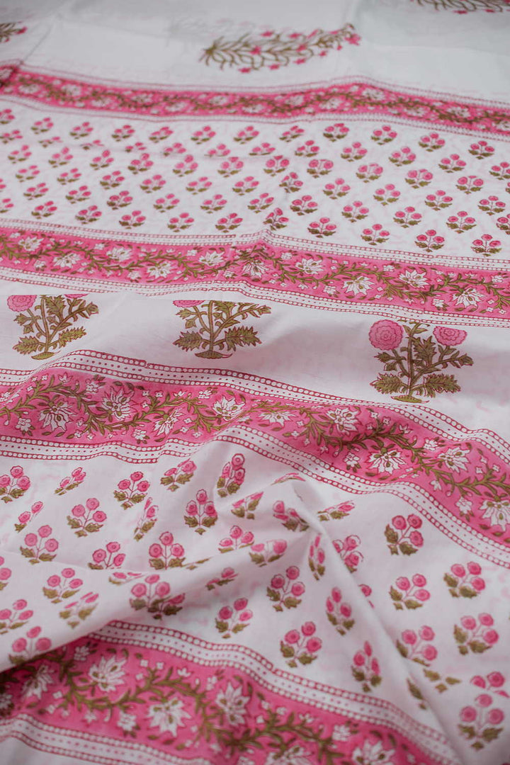 Cream with Pink Border Block Printed Mul Cotton saree