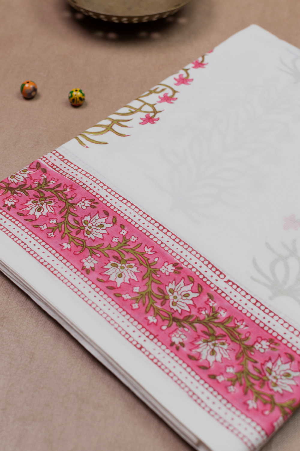 Cream with Pink Border Block Printed Mul Cotton saree