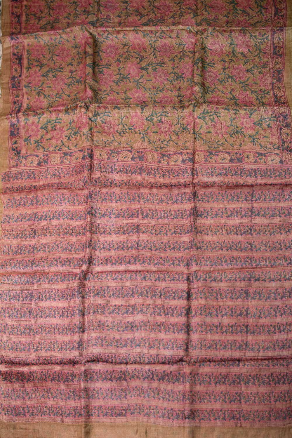 Florals on Plae Yellowish Green Block Printed Tussar saree