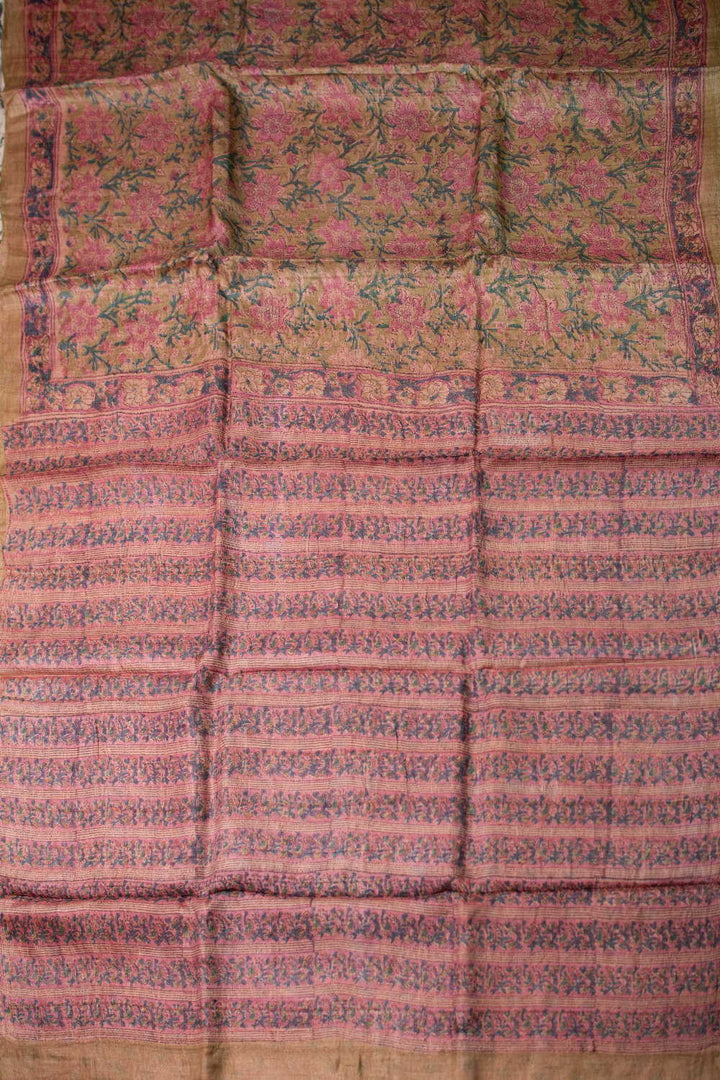 Florals on Plae Yellowish Green Block Printed Tussar saree