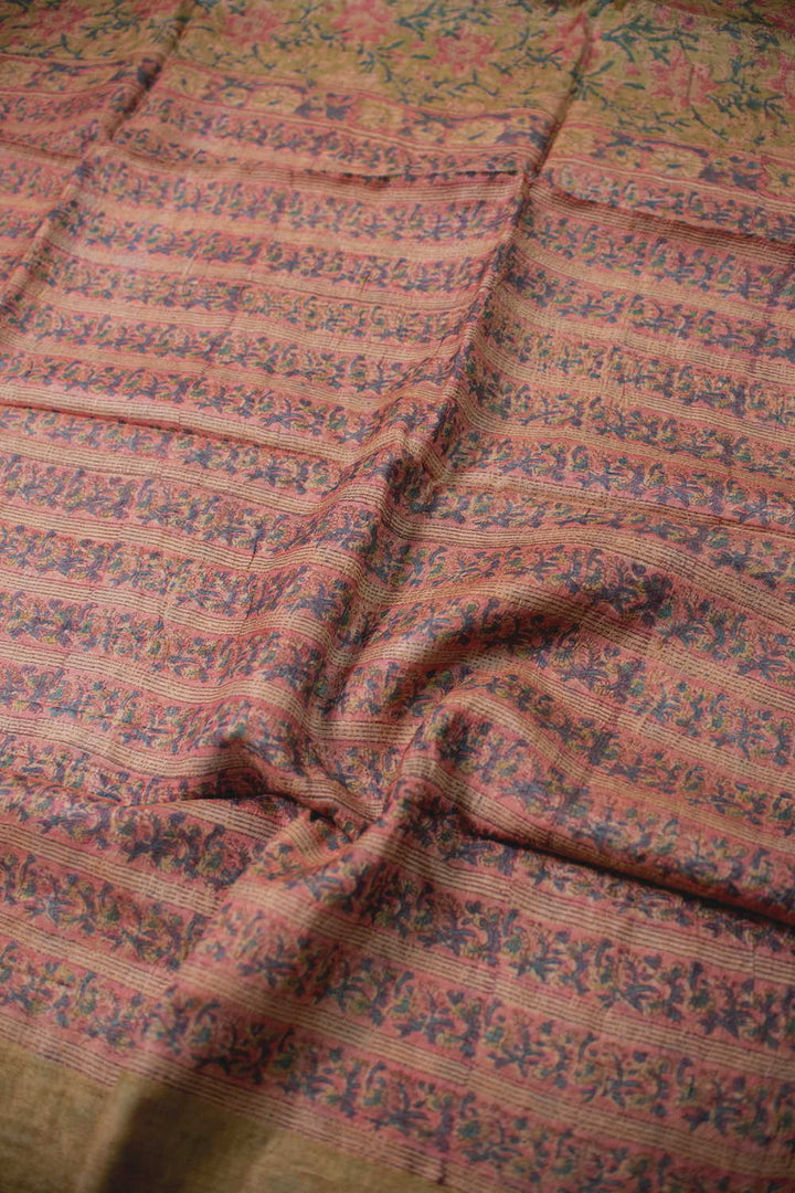 Florals on Plae Yellowish Green Block Printed Tussar saree