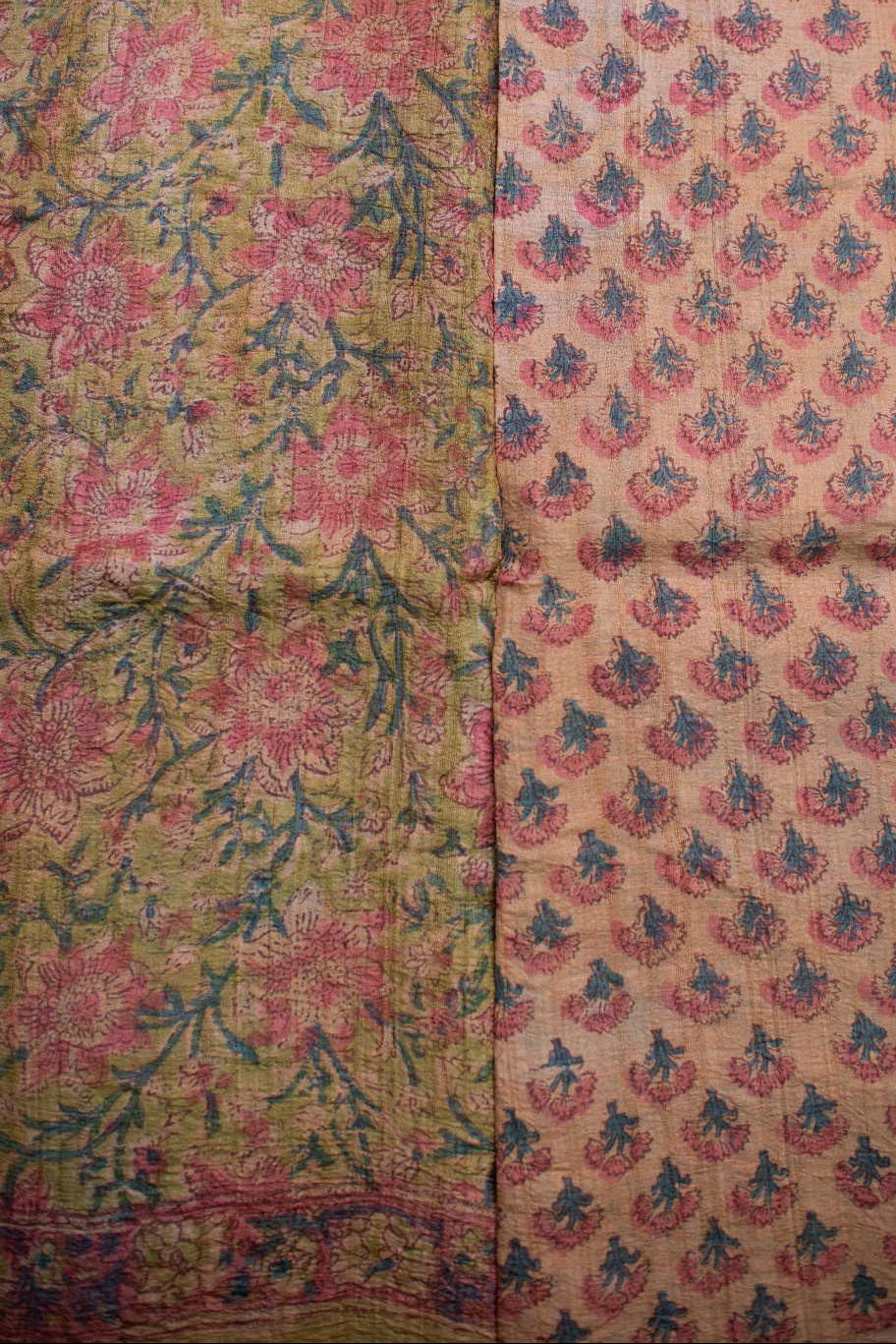 Florals on Plae Yellowish Green Block Printed Tussar saree