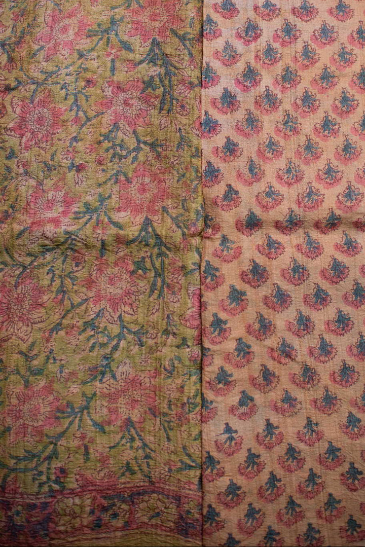 Florals on Plae Yellowish Green Block Printed Tussar saree