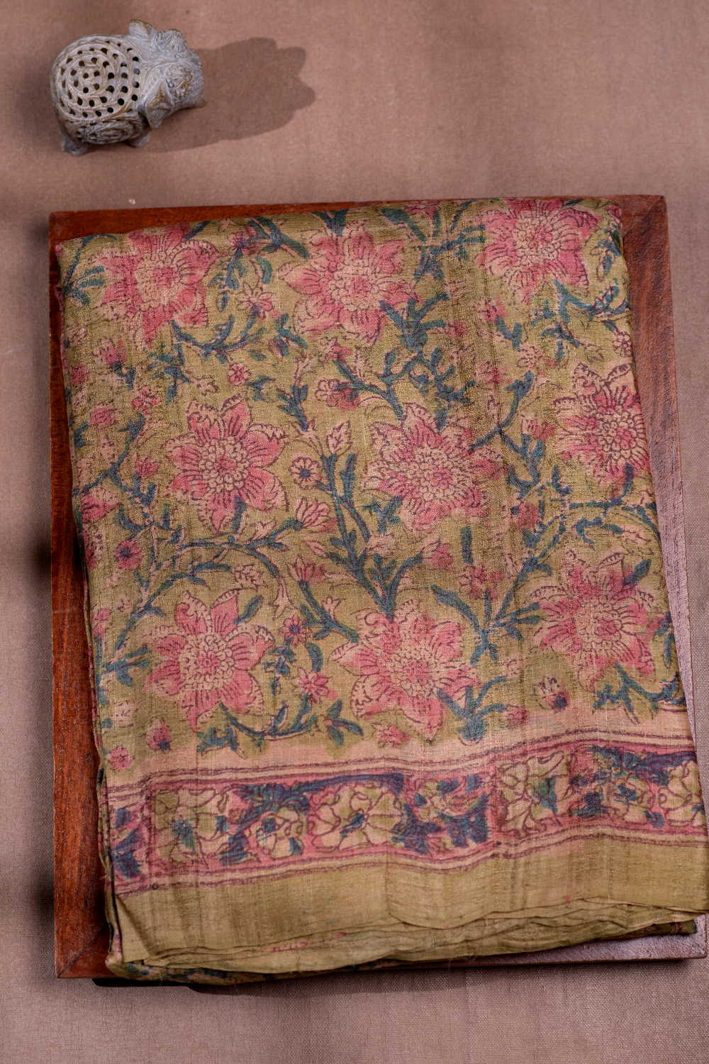 Florals on Plae Yellowish Green Block Printed Tussar saree