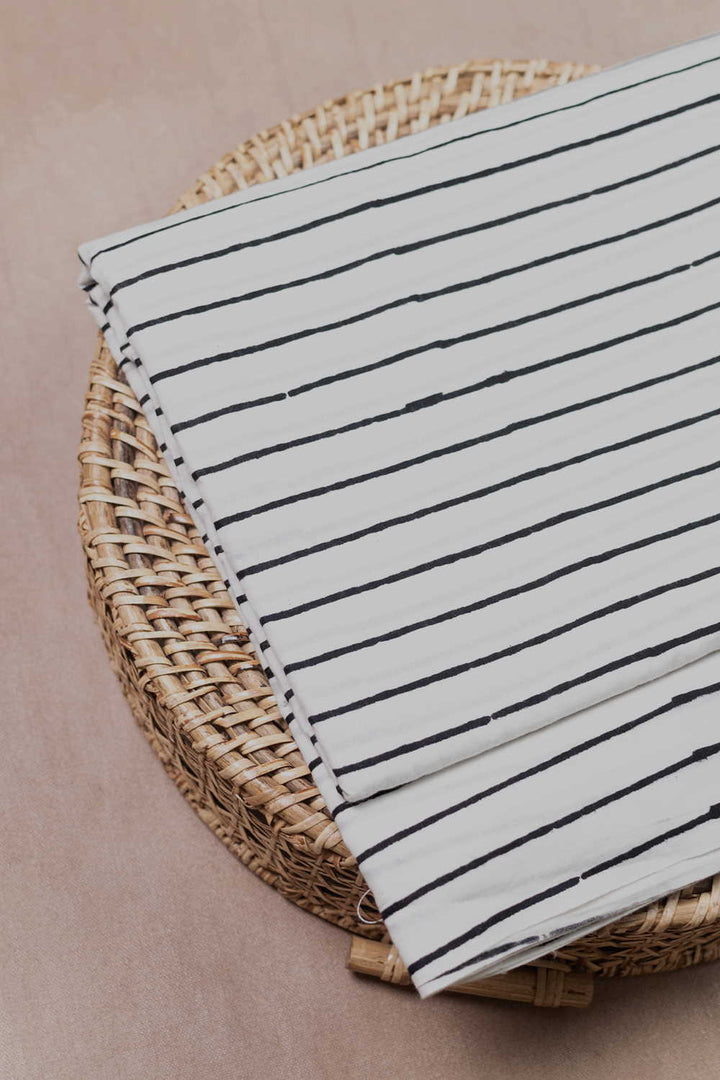 Black Lines on Cream Bagru Cotton Fabric-2 M