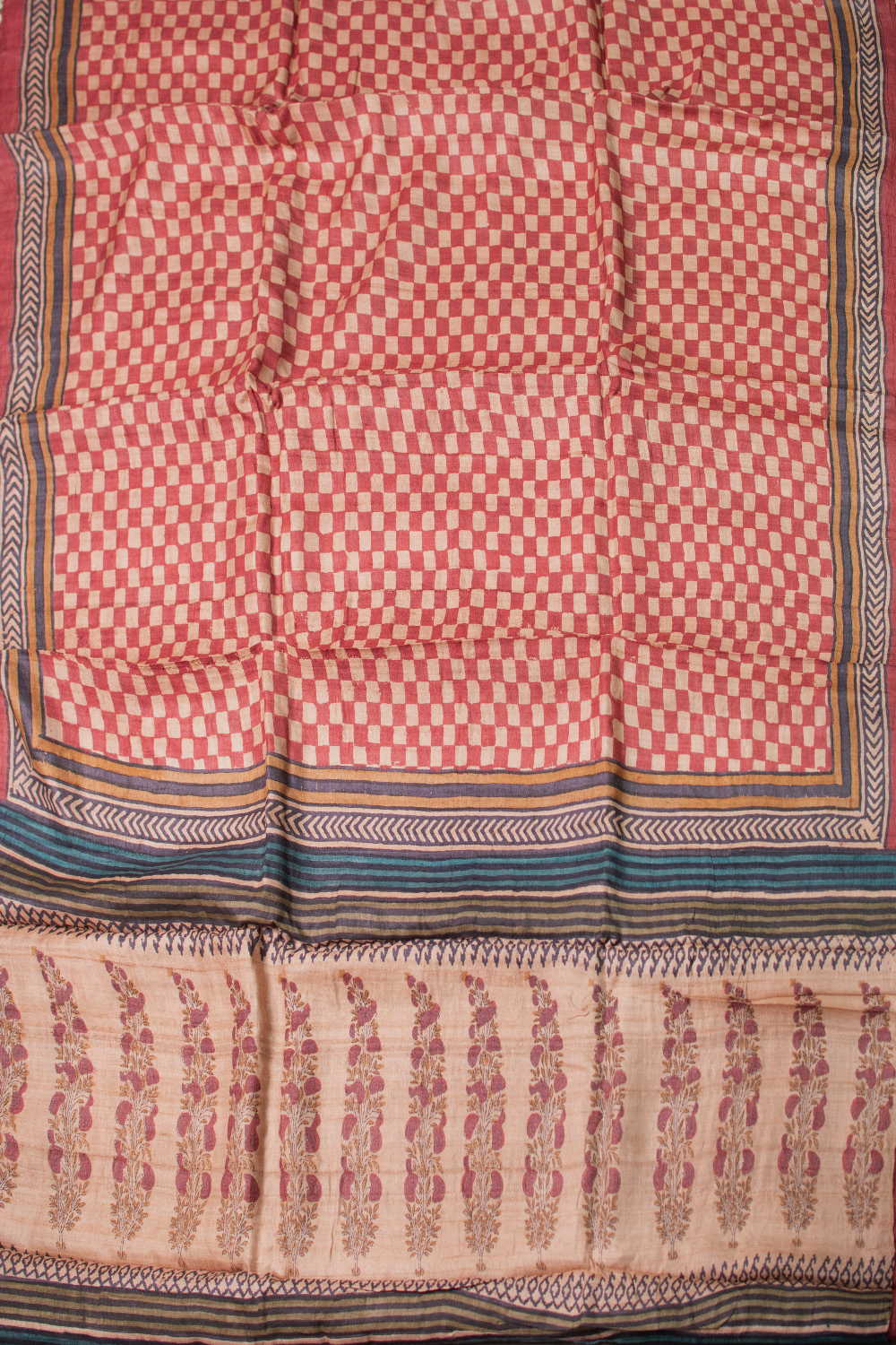 Checkred Maroon Block Printed Tussar saree