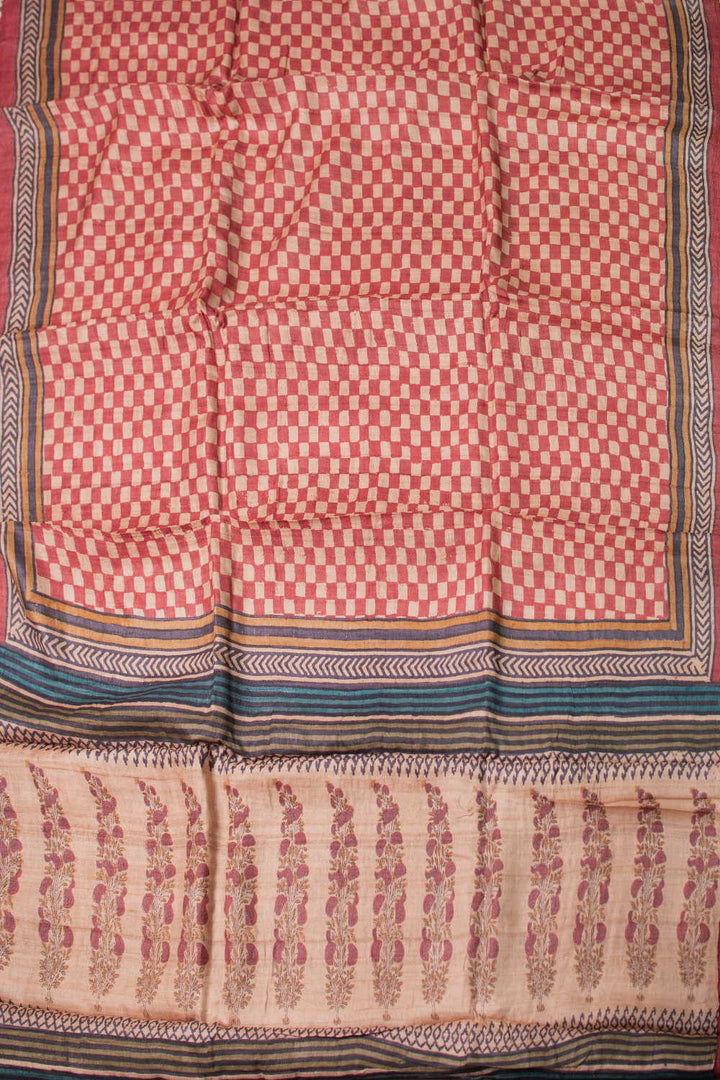Checkred Maroon Block Printed Tussar saree