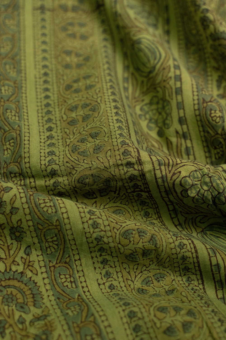 Striped Patterned Green Block Printed  Mangalagiri Cotton Fabric - 0.5 M