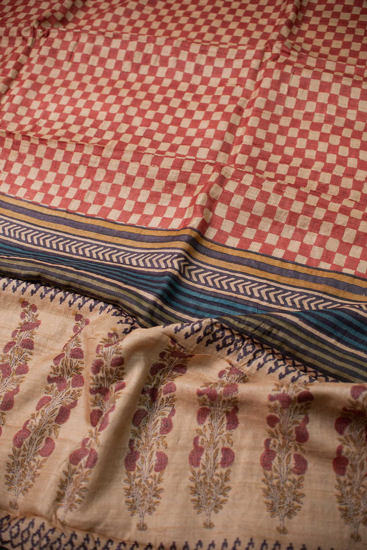 Checkred Maroon Block Printed Tussar saree