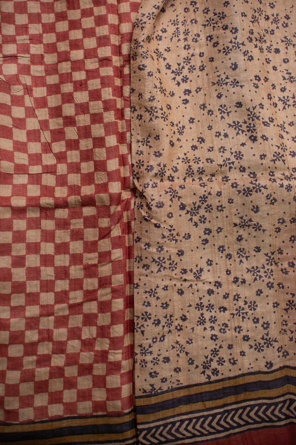 Checkred Maroon Block Printed Tussar saree