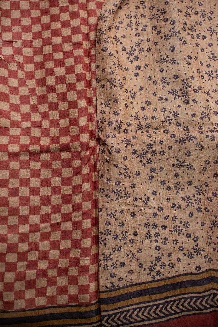 Checkred Maroon Block Printed Tussar saree