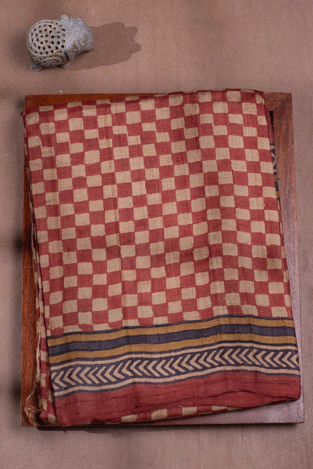 Checkred Maroon Block Printed Tussar saree