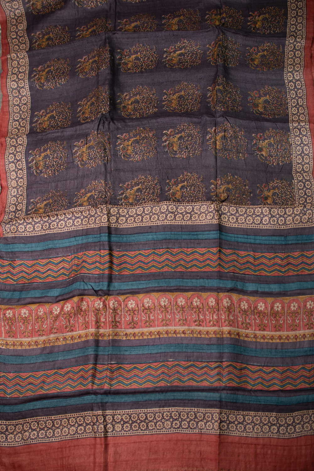 Blackish Grey Block Printed Tussar saree