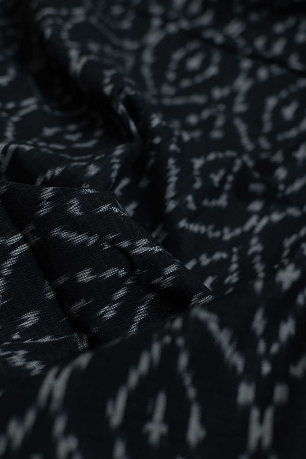 Grey Pattern on Black Ikat Cotton Fabric