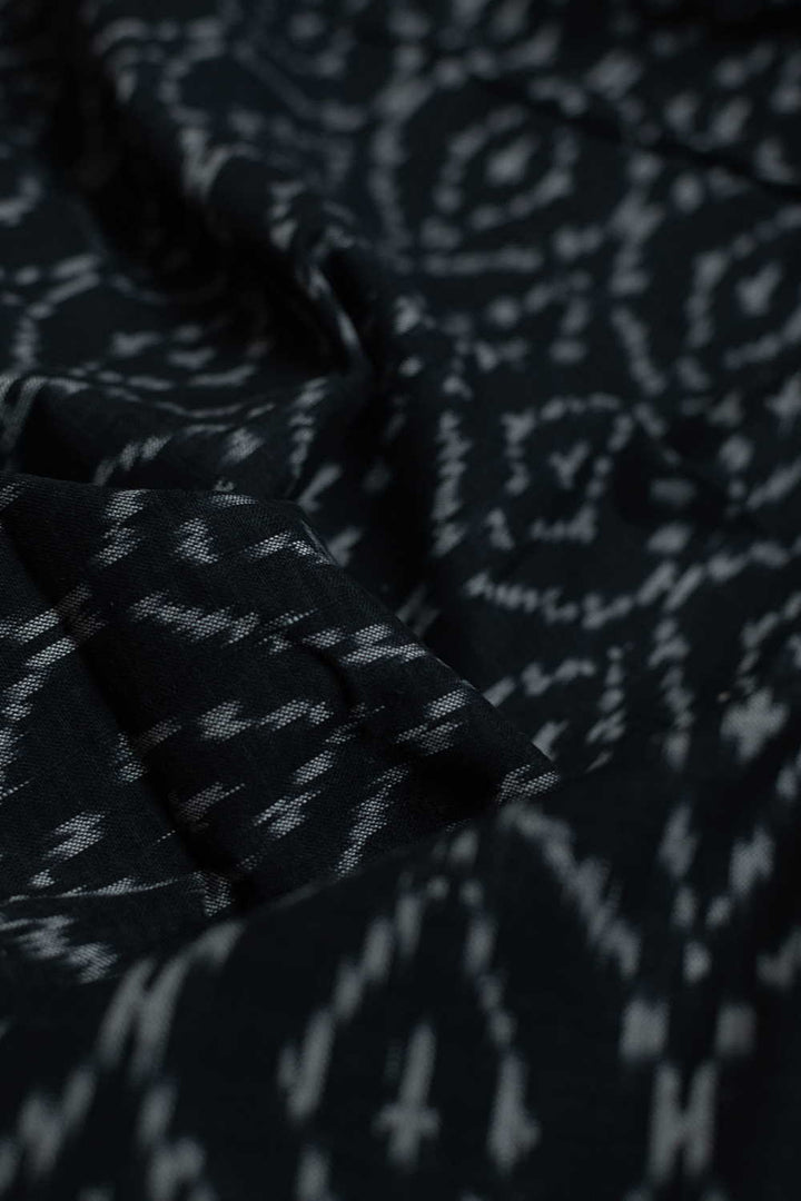 Grey Pattern on Black Ikat Cotton Fabric