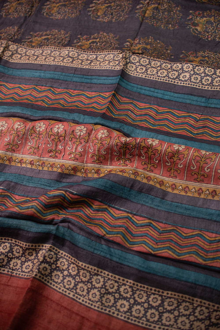 Blackish Grey Block Printed Tussar saree