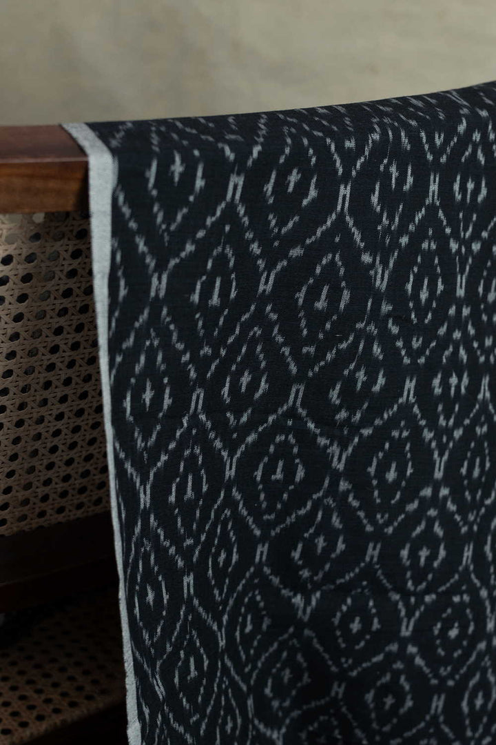 Grey Pattern on Black Ikat Cotton Fabric