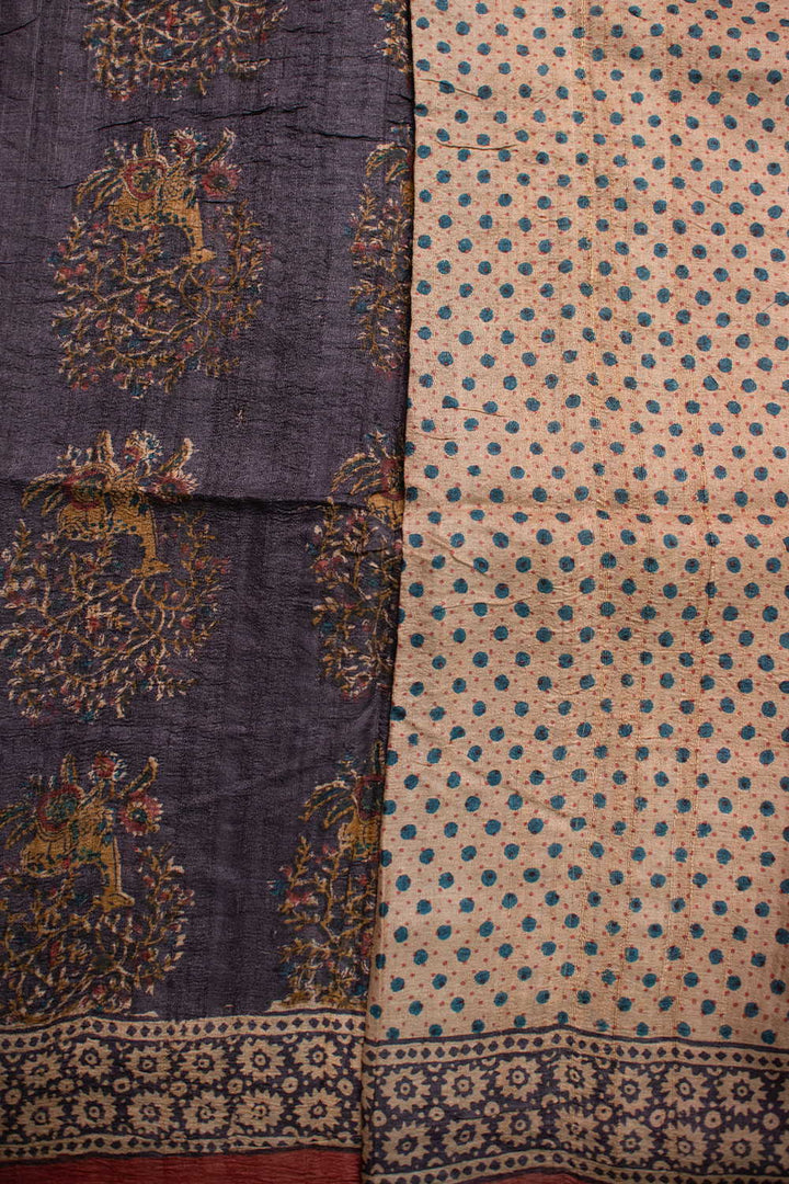 Blackish Grey Block Printed Tussar saree