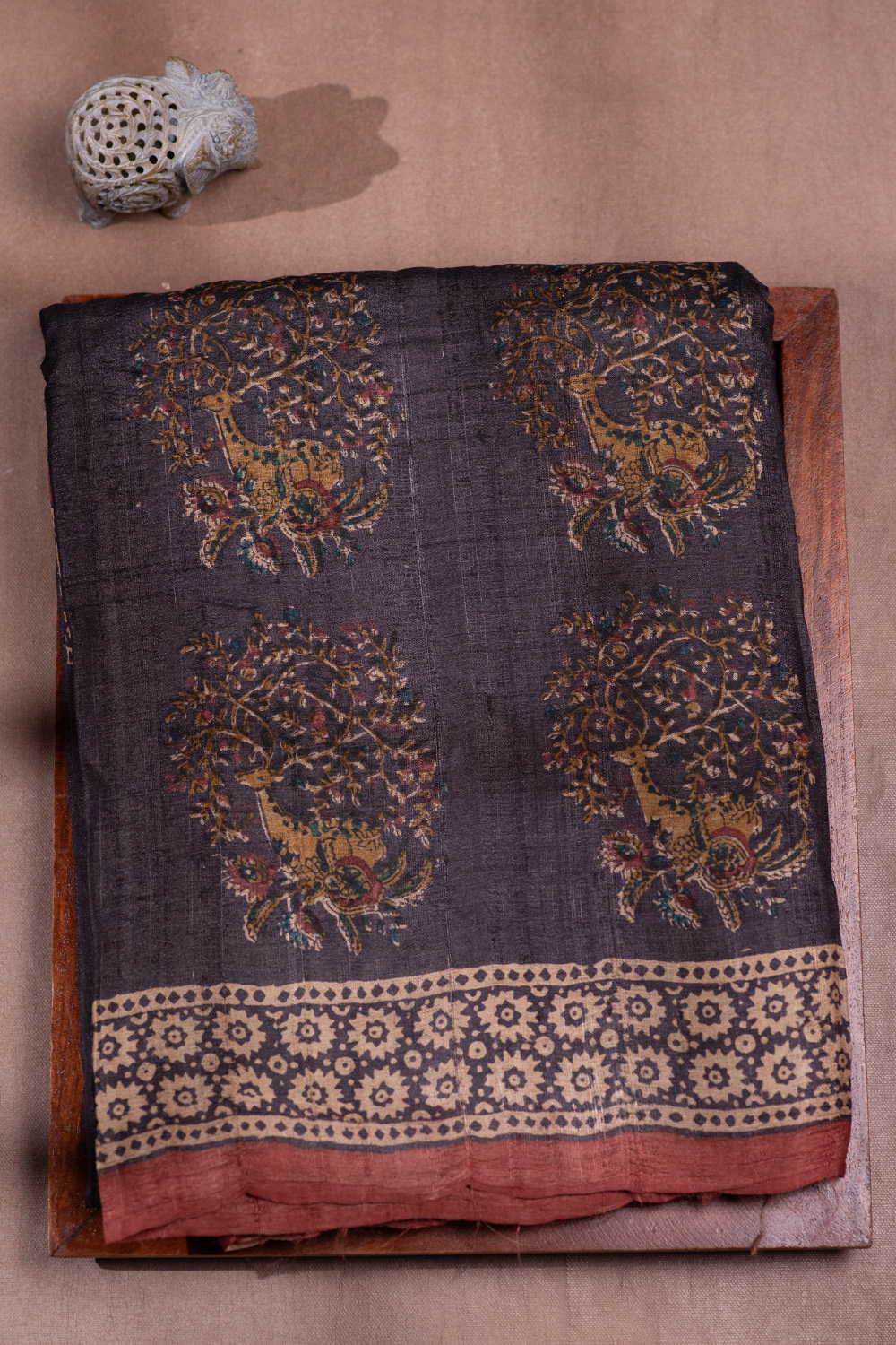 Blackish Grey Block Printed Tussar saree