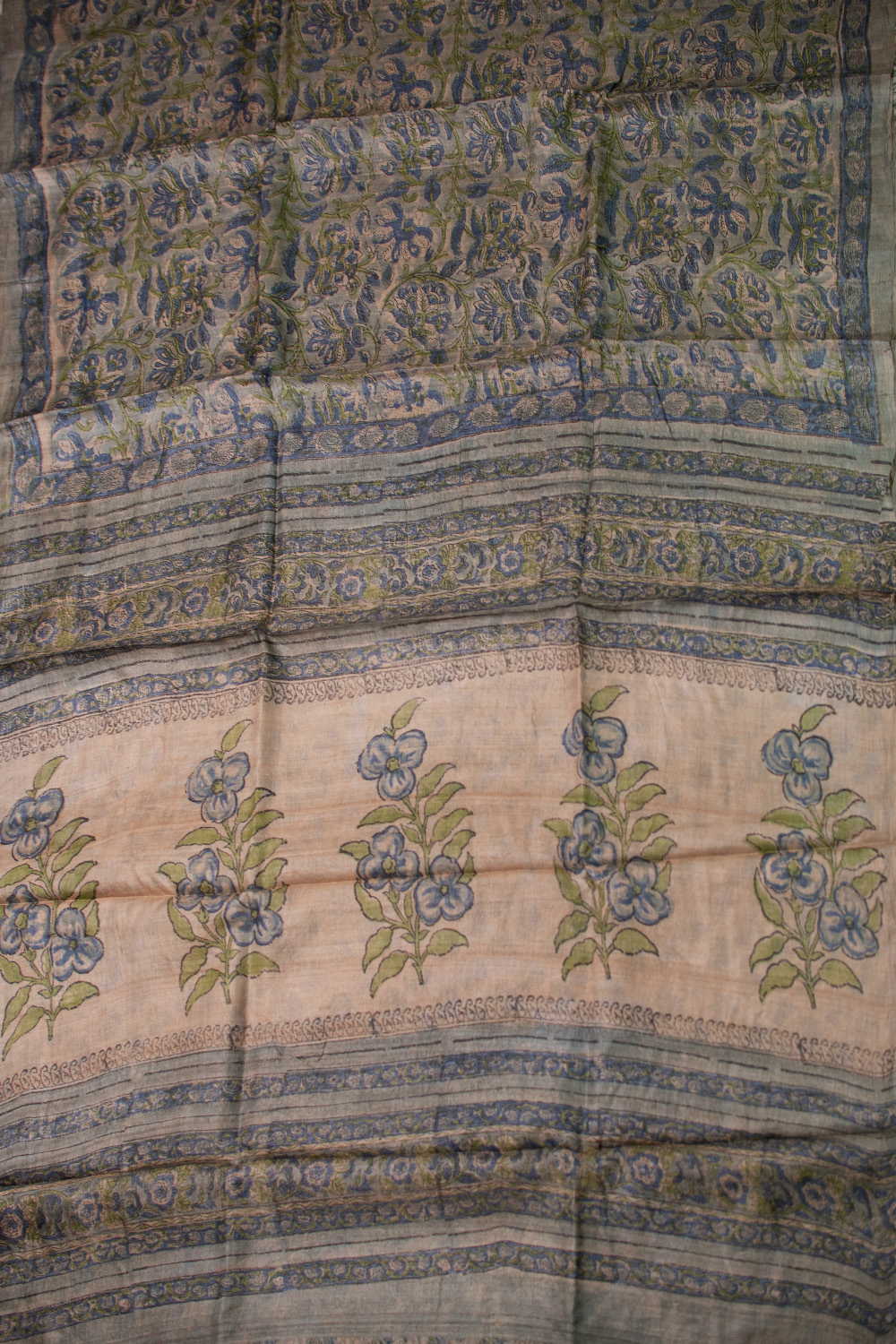 Blue Florals Block Printed Tussar saree