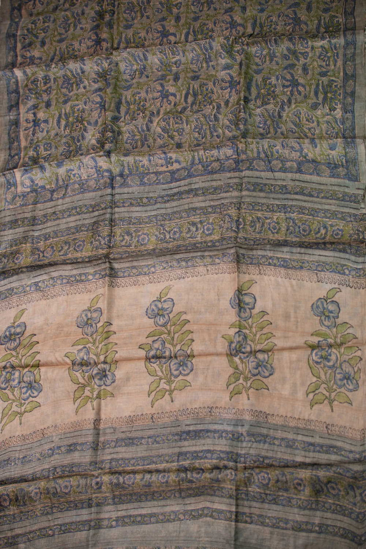 Blue Florals Block Printed Tussar saree