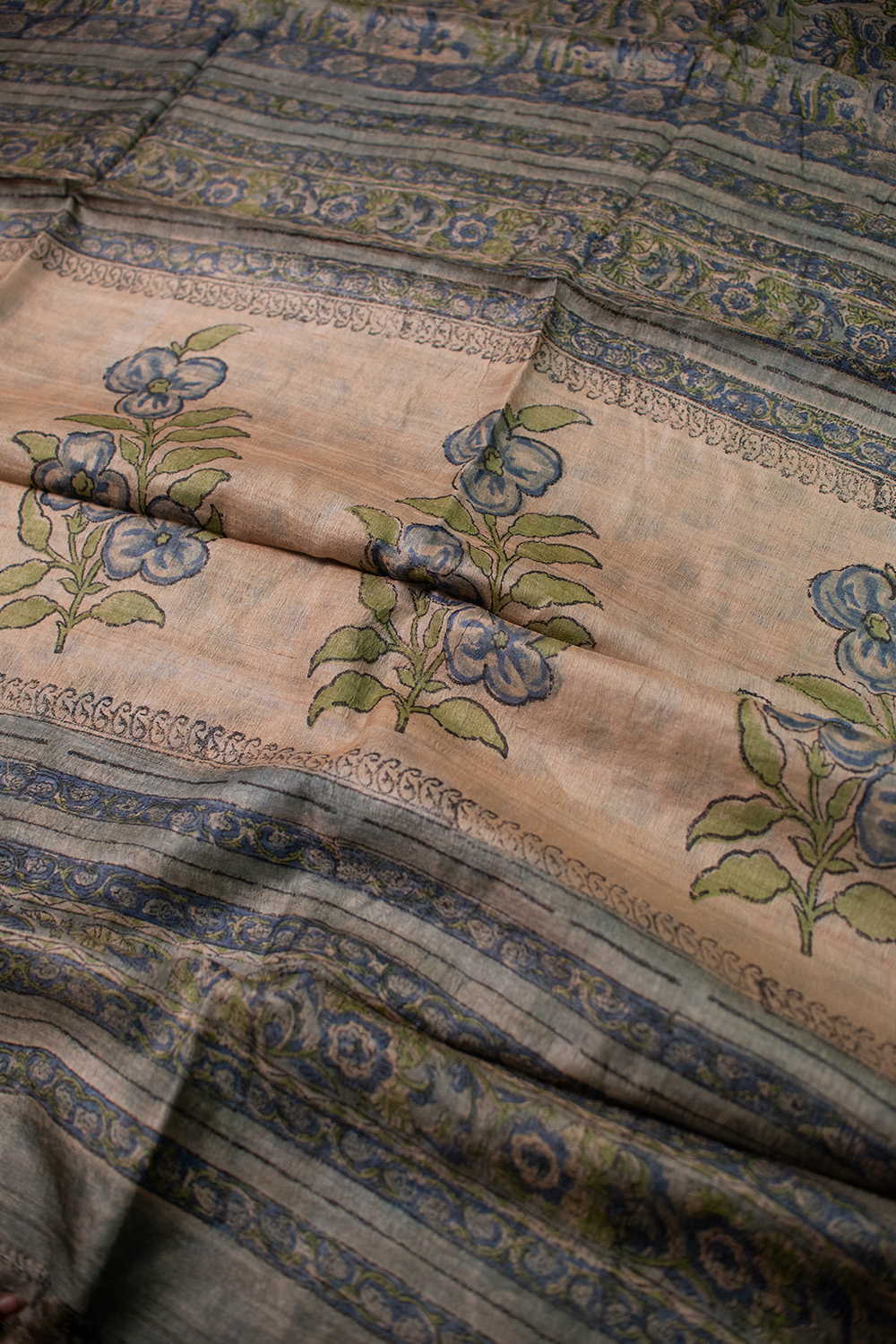 Blue Florals Block Printed Tussar saree