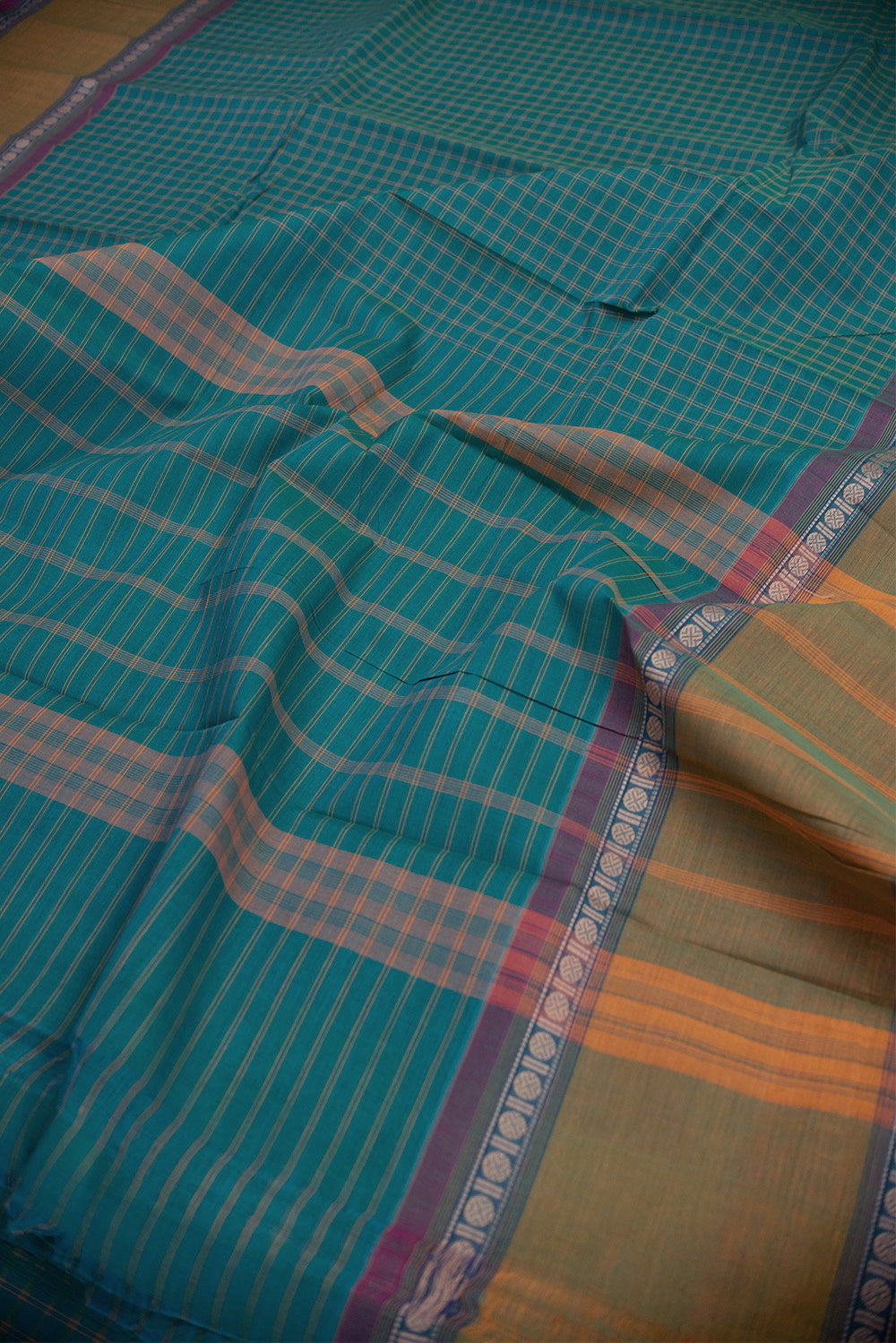 Blue with Yellow Border Kanchi cotton saree