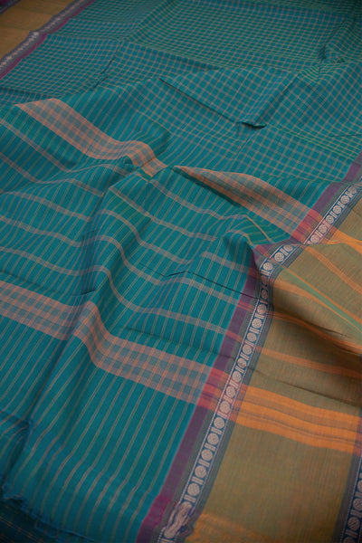 Blue with Yellow Border Kanchi cotton saree